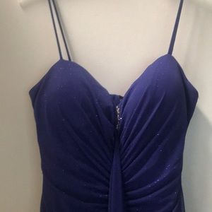 Long, sparkly blue prom dress with gems